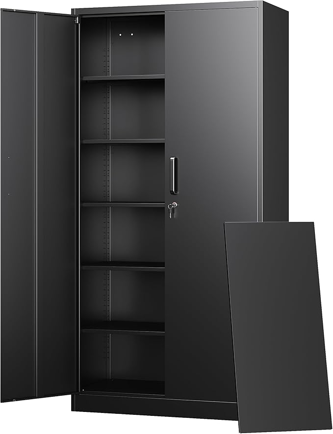 Letaya Metal Storage Cabinets with Lock Doors,Tall Locker Organizer Steel Garage Cabinets, 5 Adjustable Layers Shelves for Home, Office, Warehouse,Tool,Industrial(Black)