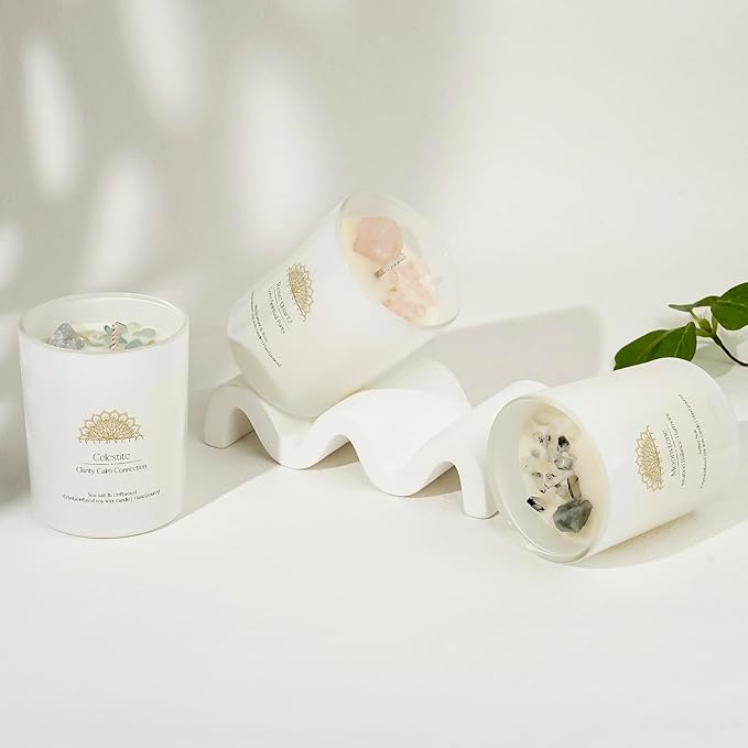 Soy Candles - Crystal Candles with Rose Quartz Moonstone Celestite - Scented Wax Gift Set - Black Currant & Rose, Amber Noir, Sea Salt & Drift Wood - 3 Pack 3.5oz