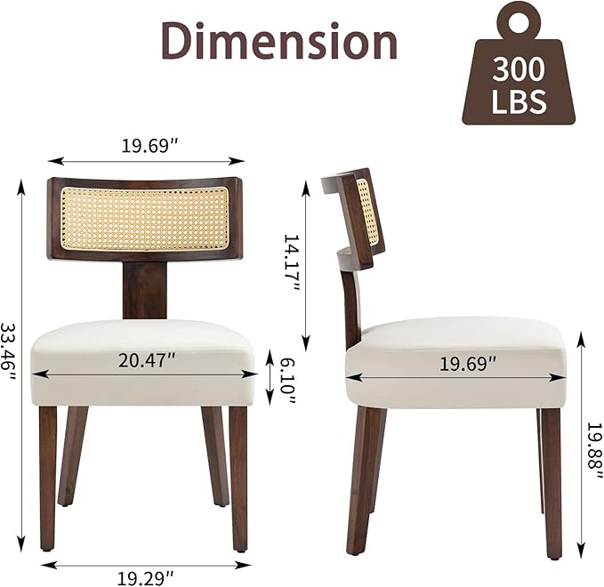 Upholstered Rattan Dining Chairs Set of 2, Mid-Century Modern Fabric Dining Room Chairs with Brown Hardwood Frame, Curved Backrest Kitchen Chair Armless Accent Chairs for Living Room (Cream)