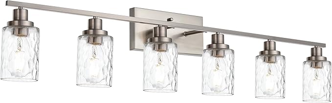 MELUCEE 6-Light Bathroom Vanity Light Brushed Nickel Finish with Clear Hammered Glass Shade, Industrial Wall Light Fixtures for Bath Mirror Bedroom Dressing Table (Patent No.: US D963914 S)