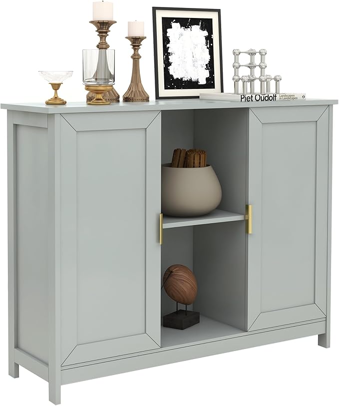 TaoHFE Grey Kitchen Pantry, Modern Wooden Small Credenza Sideboard Coffee Station, Storage Small Cabinet with Doors and Shelves for Kitchen