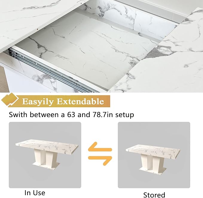 Goujxcy 7-Piece Extendable Dining Table Set for 6-8 People 63-78 Inch Kitchen Table Set with 6 Grey Upholstered Chairs Modern White Faux Marble Rectangular Dining Room Table Set for Kitchen Apartment
