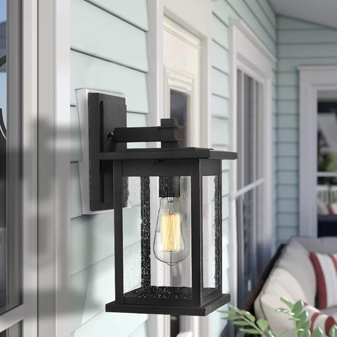 Emliviar Outside Lights for House, 1-Light Outdoor Wall Lantern 14", Black Finish with Seeded Glass, 1803EW2