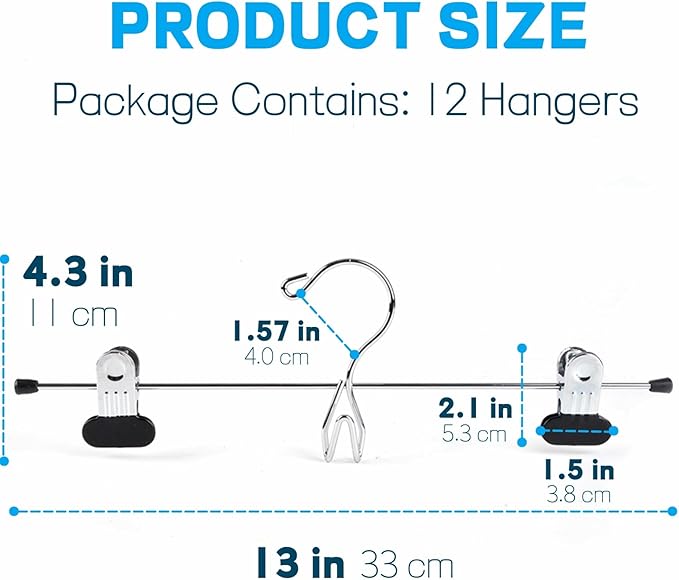 Amber Home 12 Pack Heavy Duty Add on Metal Pants Skirt Hangers, Stackable Add-on Metal Clothes Hangers with 2-Adjustable Clips, Cascading Clip Hangers Space Saving for Jeans, Slacks