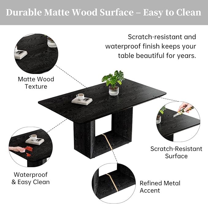 63" Modern Black Dining Table Set for 4 with Chairs, 5 Piece Rectangular Dining Room Table and 4 PU Leather Chairs, Kitchen Dining Set with Matte Wood Finish, Geometric Base, Easy Assembly