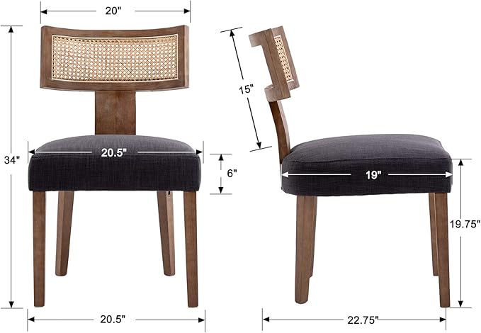 Rattan Dining Chairs Set of 4, Modern Fabric Upholstered Kitchen Chairs, Wooden Dining Room Chair Farmhouse Dinner Chair, Charcoal