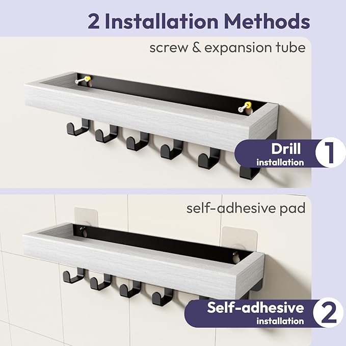 SWTYMIKI Key Holder Wall Mount - Wooden Key Hooks for Wall with Mail Organizer & 6 Hooks, 2 Installation Ways Key Hanger, Key Rack with Shelf for Entryway Living Room Bedroom Office Home Decor White