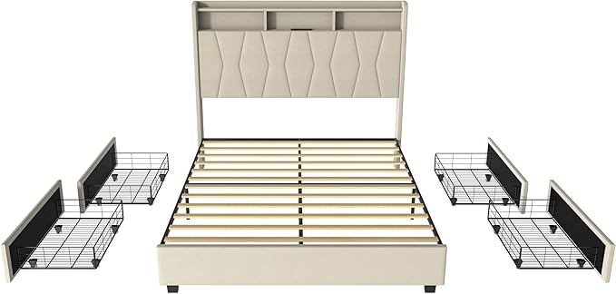 Full Size Bed Frame, Velvet Upholstered LED Platform Bed with Headboard Storage, Bed Frame Full Built-in Charging Station with 4 Drawers, Wood Slat Support, No Box Spring Needed, Beige