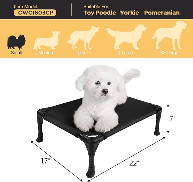 Veehoo Outdoor Elevated Dog Cot Bed, Cooling Raised Pet Bed for Small Dogs, Washable Breathable Mesh Hammock Bed with No-Slip Feet, Indestructible Ground Off Training Platform Cot-22"x17" Black