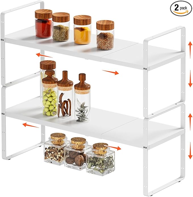 2Pack 16.5-27’’L Expandable Cabinet Countertop Shelf Organizer, Stackable Metal Shelves, Kitchen Organizers and Storage, White Storage Spice Rack for Pantry and Cupboard