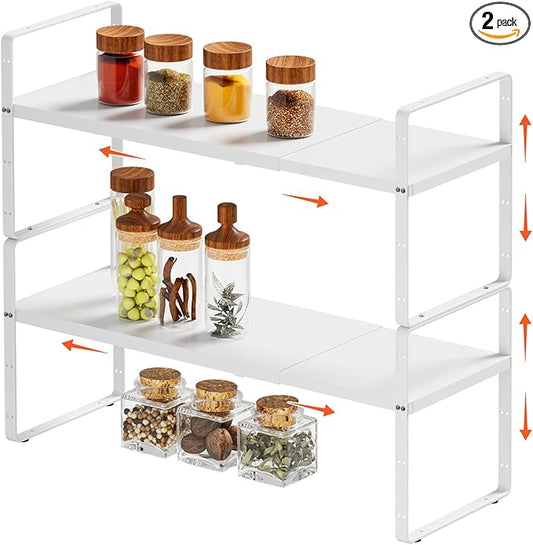 2Pack 16.5-27’’L Expandable Cabinet Countertop Shelf Organizer, Stackable Metal Shelves, Kitchen Organizers and Storage, White Storage Spice Rack for Pantry and Cupboard