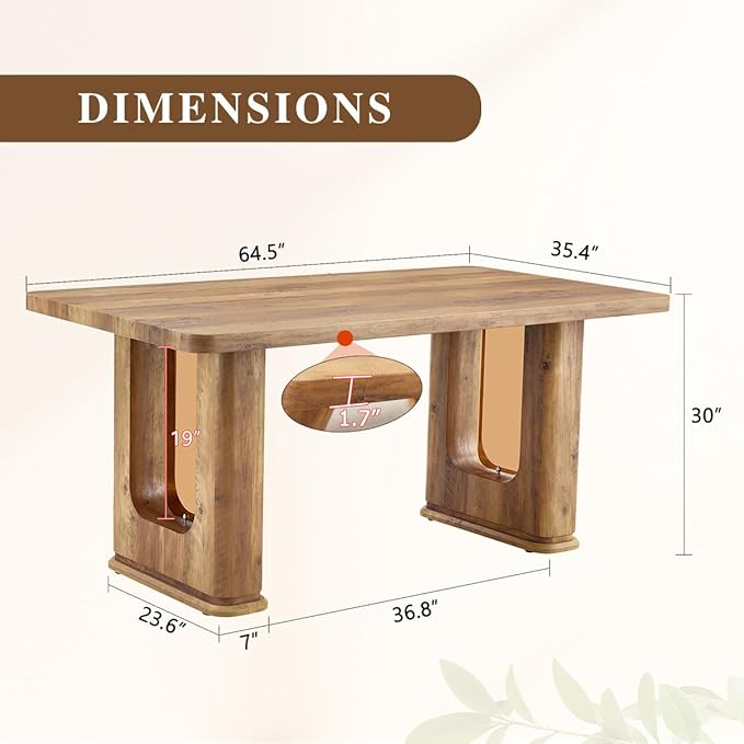Dining Room Table for 6 - Wooden Dining Table with 1.7-Inch Thick Seamless Tabletop and Dual Pedestal Base,64.5'' Farmhouse Dining Table Ideal for Kitchen,Home Office(Easy to Assemble)