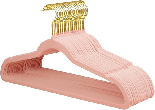 ManGotree Velvet Coat Hangers with 360° Swivel Gold Hook, Non-Slip Felt Suit Hangers, Slim Space Saving Clothes Hanger for Jacket, Sweater, Shirt, Dress, Pants (22 Pack, Light Pink)