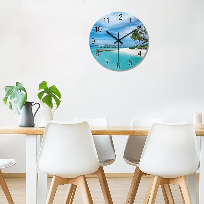 XFM Blue Beach Wall Clock 12 Inch Silent Wall Clocks Battery Operated Coastal Nautical Round Glass Clock Decorative for Bathroom Kitchen Living Room