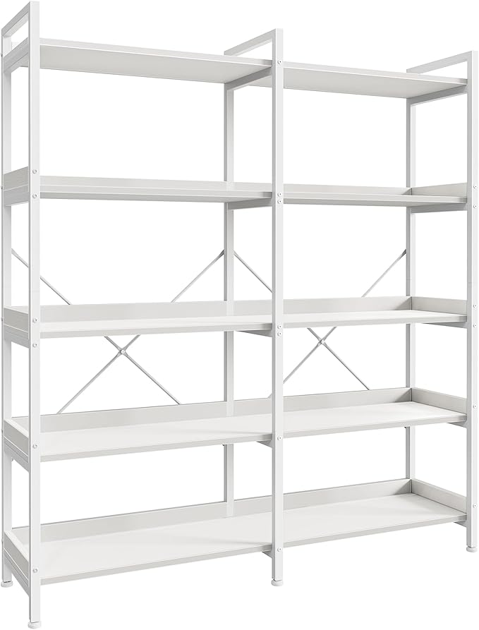 Huuger 5 Tier Bookshelf, Display Bookshelf with 10 Open Shelves and Raised Baffle, 47.2 Inch Straight Wide Bookcase with Metal Frame and Wooden Board, Adjustable Feet, White