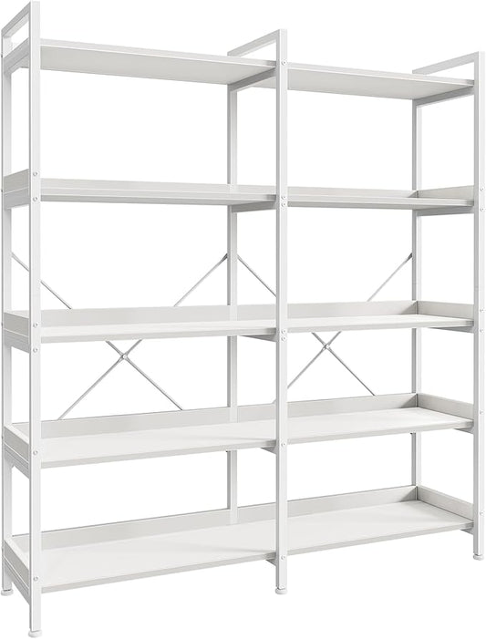 Huuger 5 Tier Bookshelf, Display Bookshelf with 10 Open Shelves and Raised Baffle, 47.2 Inch Straight Wide Bookcase with Metal Frame and Wooden Board, Adjustable Feet, White