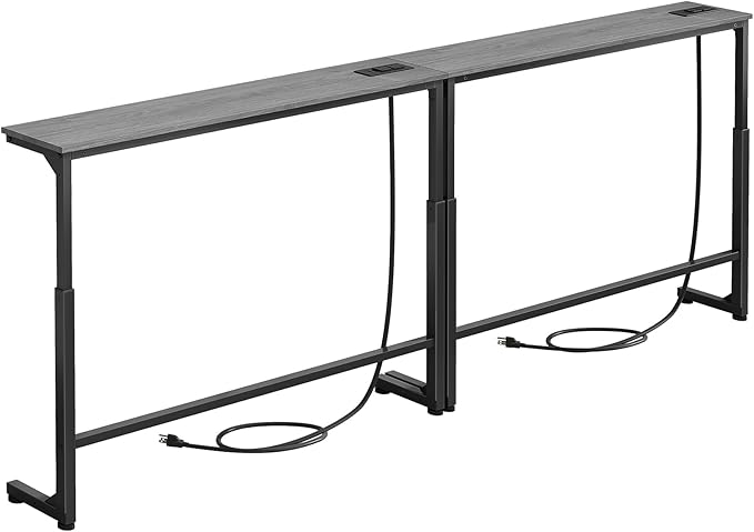 Kitstorack 2-Pack Dark Gray Console Table, 7.9" Deep Panel, Adjustable Height (25"-33") & with 2 Power Outlets, Behind Sofa Couch Table, Use Together or Separately, 79" L