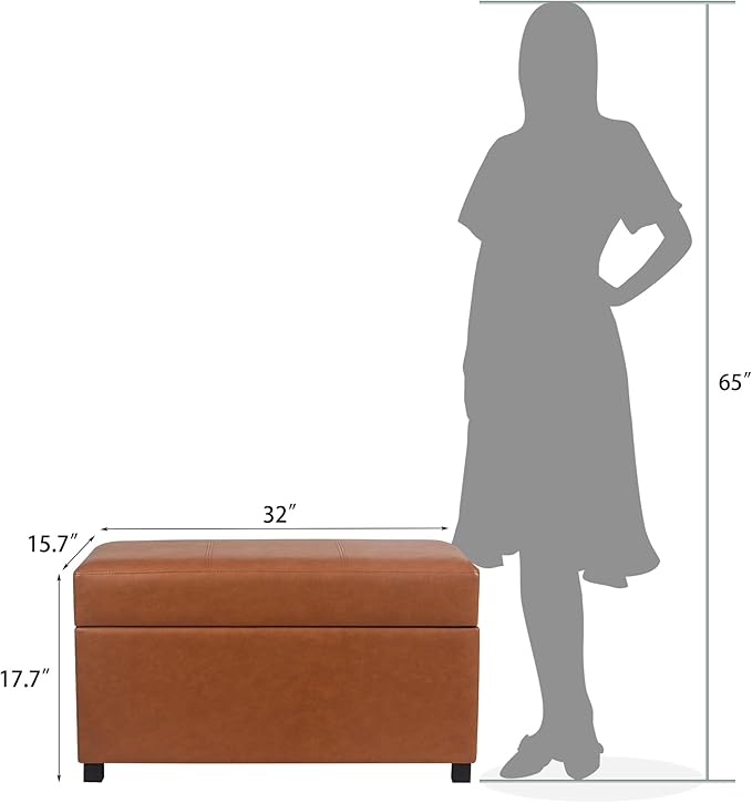 Joveco 32" Leather Storage Ottoman Bench, Rectangle Foot Rest Stool for Living Room, Bedroom, Entryway, Cognac Brown