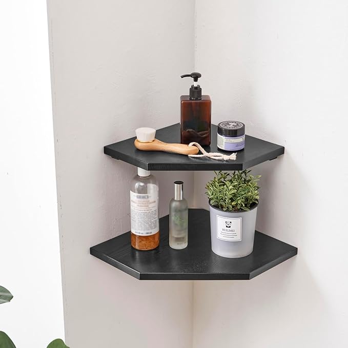 Corner Shelf Wall Mount, Set of 2 Solid Oak Wood Floating Corner Shelves with Wire Hole Display Shelf with Wire Hole Small Plant Display for Kitchen Living Room Bedroom Black