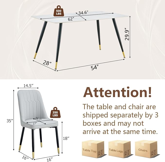 White Dining Table Set for 4, 62'' Dining Table Set for 4, Sintered Stone Dining Room Sets for 4, Easy to Assemble
