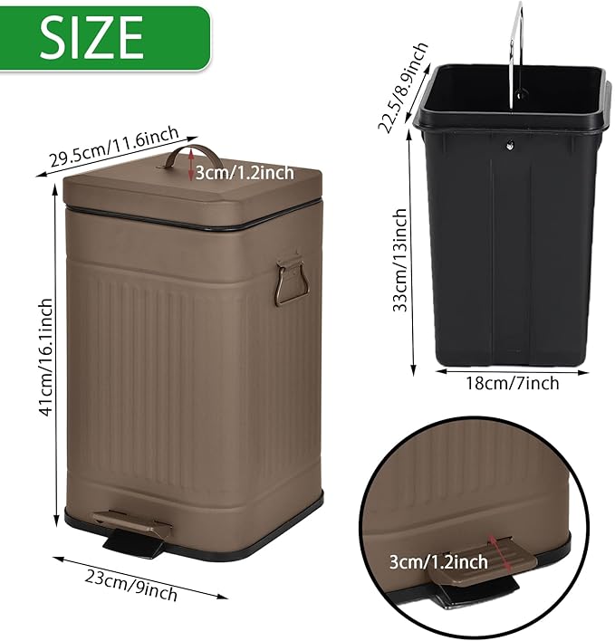 Dog Poop Trash Can with Lid for Outdoors，3.2 Gallon Trash Can with Activated Carbon Filter & Plastic Bags, Pet Waste Container，UP12L-Brown-F+90BK