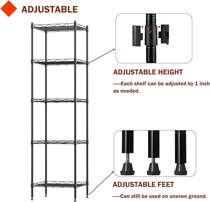 5 Tier Standing Metal Wire Shelving Unit, Adjustable Height, Storage Shelf Units for Laundry Bathroom Kitchen Pantry Closet (11.8" D x 11.8" W x 50.2" H inches, Black)