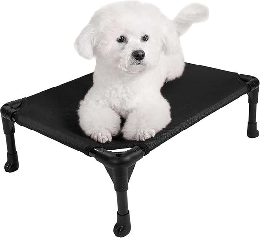 Veehoo Outdoor Elevated Dog Cot Bed, Cooling Raised Pet Bed for Small Dogs, Washable Breathable Mesh Hammock Bed with No-Slip Feet, Indestructible Ground Off Training Platform Cot-22"x17" Black