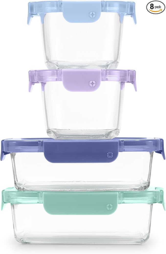 Ello Color Lock 8PC Mixed Glass Food Storage Sets, Leak-Proof Glass Food Storage Containers with Airtight BPA-Free Plastic Lids, Dishwasher, Microwave, and Freezer Safe, Purple Rain