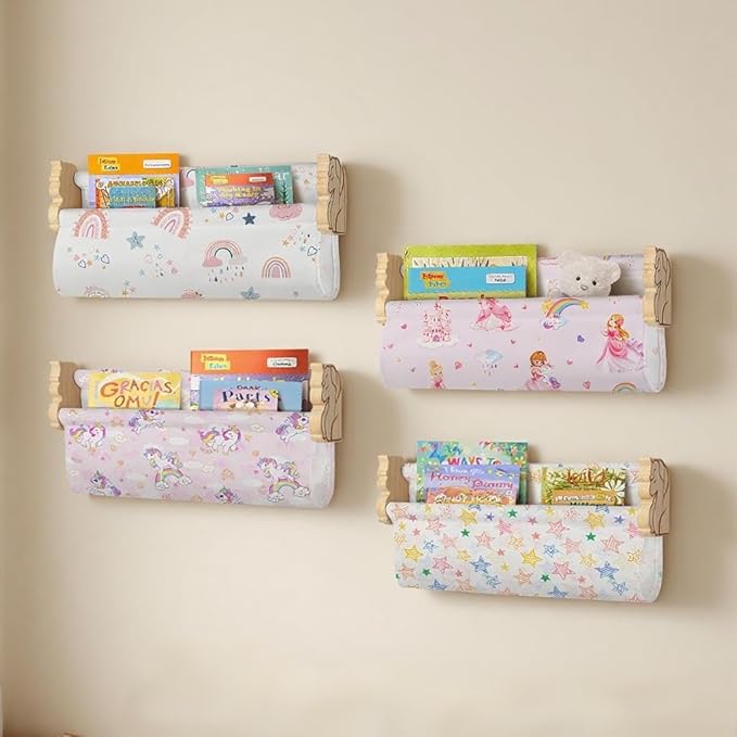 Floating Book Shelves for Wall Set of 4 Wood Nursery Bookshelves for Kids Room 16.9 Inch Kids Bookshelf for Books Toys and Decor,Wall Mounted Storage for Baby Boys Girls Bedroom Living Room