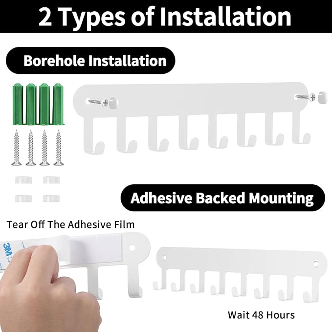 2 Pack Key Holder Wall Mount, Wall Mount Key Holder, Key Hooks Hanging Keys, Key Hanger with 8 Hooks, No-Drill Decorative White Key Rack for Living Room, Kitchen, or Bathroom