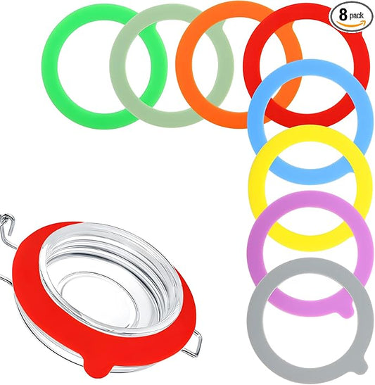 8PCS Rubber Seals for Glass Jars, Airtight Silicone Replacement Gasket,Food-Grade Silicone Gaskets(3.75" Diameter,Fits Mason Jars),Leakproof, Airtight Rings for Food Storage,Canning(8 colors)