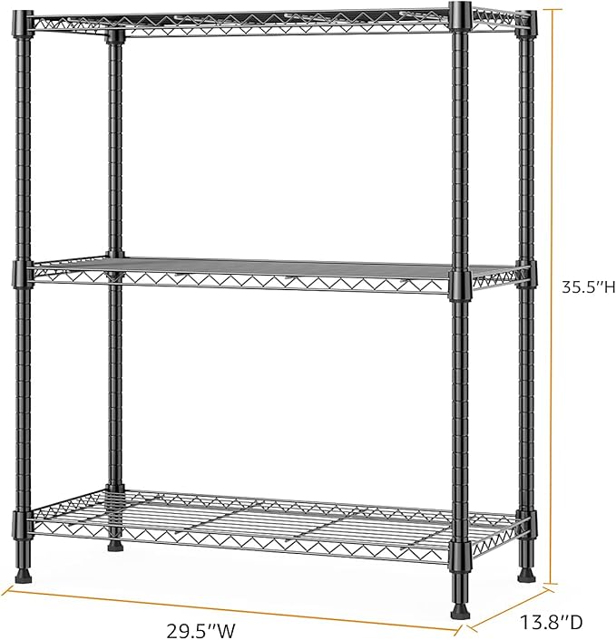 750 lbs 3 Tier Storage Rack Metal Wire Shelving Unit, Storage Standing Shelf Organizer for Laundry Bathroom Kitchen Pantry Closet Garage Basement Utility Room, Black 13.8" D x 29.5" W x 35.5" H