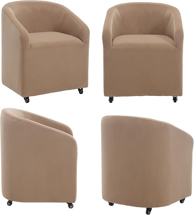 Set of 6 Modern Upholstered Dining Chairs with Swivel Casters, Velvet Barrel Back Accent Side Chair for Dining Room Living Room, Khaki