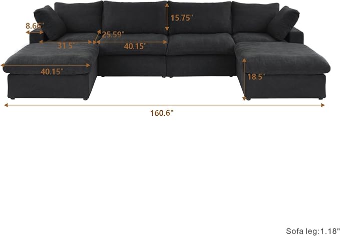 Cloud Couch Modular Sectional Sofa with 2 Storage Ottomans,160.6" U Shaped Couch,6 Seater Minimalist Wide Deep Seat Convertible Couches, Covers Washable&Replaceable,Black