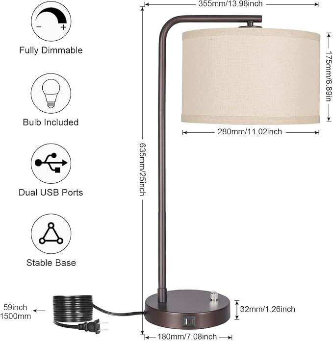 Tall Table Lamp with USB C+A Ports, Fully Stepless Dimmable Modern Minimalist Bedside Nightstand Lamp, Reading Desk Lamp for Bedroom, Living Room, Study Room, Office, 9W 3000K LED Bulb Included