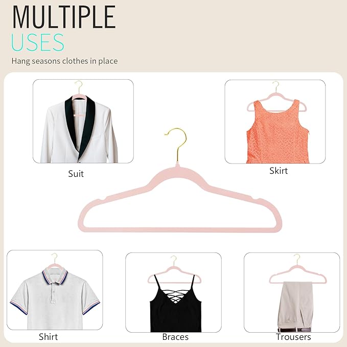 ManGotree Velvet Coat Hangers, Non-Slip Felt Suit Hangers, Ultra-Slim Space Saving Clothes Hanger with 360° Swivel Golden-Plated Hook, 36 Pack (Light Pink)