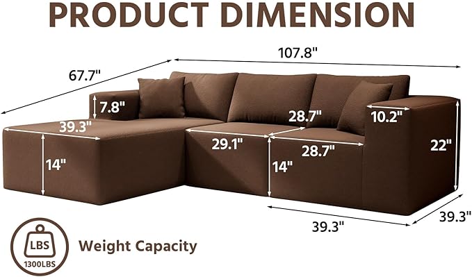 108" Cloud Sectional Couch with L-Shape Chaise,4 Seat Modern Modular Sofa with Deep Seat,Upholstered Couches for Living Room Bedroom, Boneless Couch