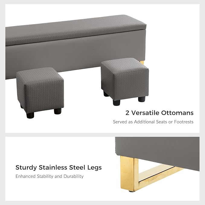 EcoHarbor Living Storage Ottoman Bench with Throw Ottomans, Modern End of Bed Bench, Upholstered Footrest Stool with Gold Legs for Living, Bedroom, Entryway and Hallway(Grey 60inch)
