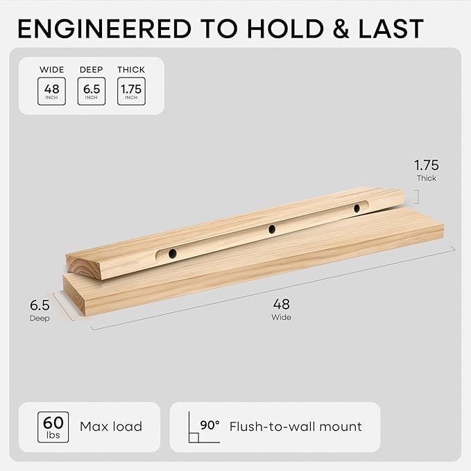 Homeforia 48 inch Natural Floating Shelf, High End Solid Real Wood 48inch Small Floating Shelves for Wall Mounted, Natural Wooden Floating Shelves, Heavy Duty Bracket, 48 X 6.5 X 1.75 in, Set of 3