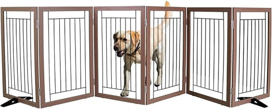 ZJSF Freestanding Dog Gate Indoor, Foldable Dog Fence for Doorways,Hallways or Stairs, Sturdy Wood Extra Wide Pet Gate with Support Feet,Brown,32 "Height-6 Panels