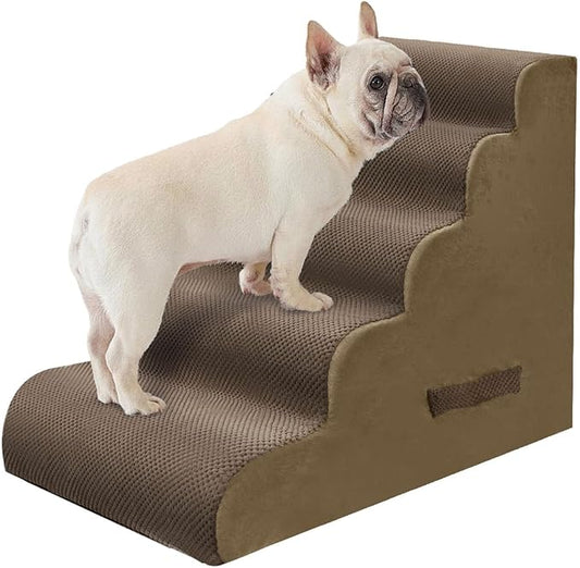 PAWSCART Dog Stairs for Small Pets, 22.8" H with 30D Material Soft Foam, Portable Ramp Non-Slip Surface Non-Slip for Couch and High Bed Climbing, 5-Step Stairs for Cat or Dog, Brown