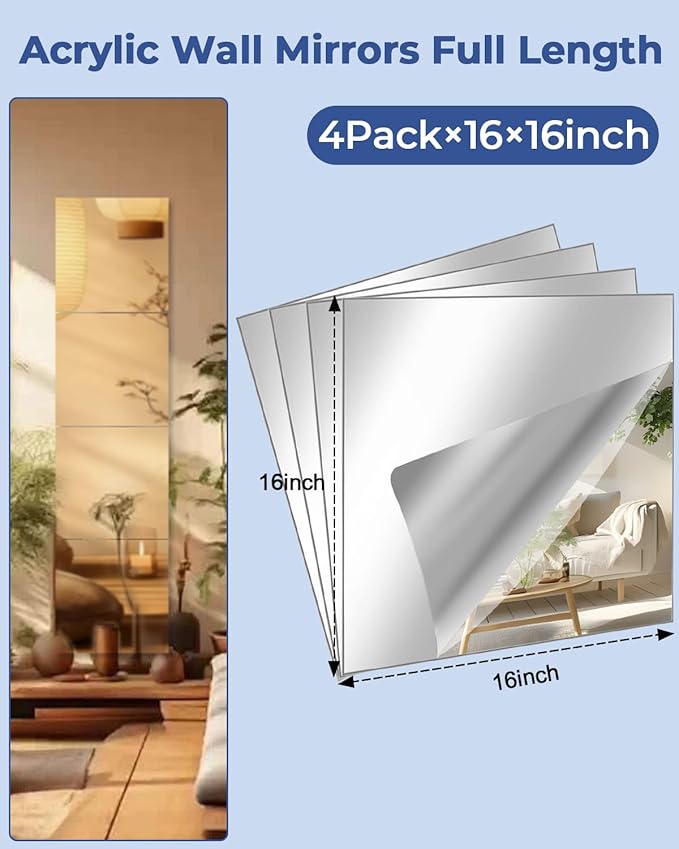4 Pack Peel and Stick Mirror Tiles, 16x16 Inch Shatterproof Flexible Stick on Mirrors for Wall, Full Length Body Mirror for Home Gym, Bedroom, Door and Bathroom Decor