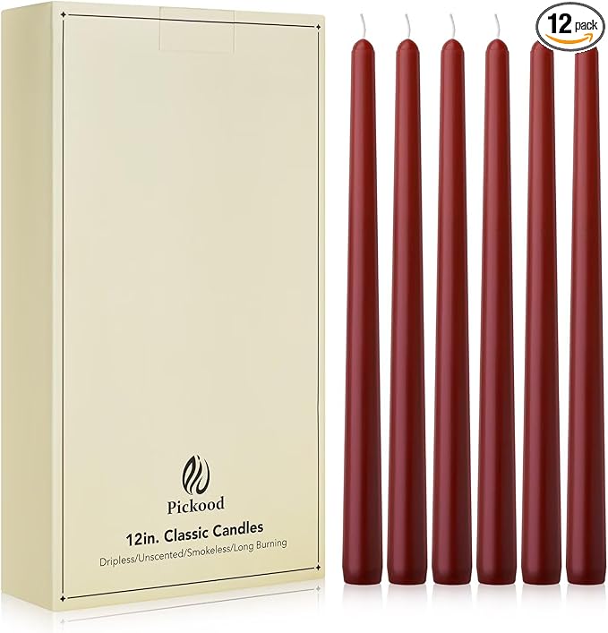 New Burning Formula Unscented Dripless 12-Inch Taper Candles Set of 12 - Dark Red, for Wedding, Dinner - Smokeless, Long Burning - Hand Poured, Colored Tall Candlesticks - Rojo Oscuro