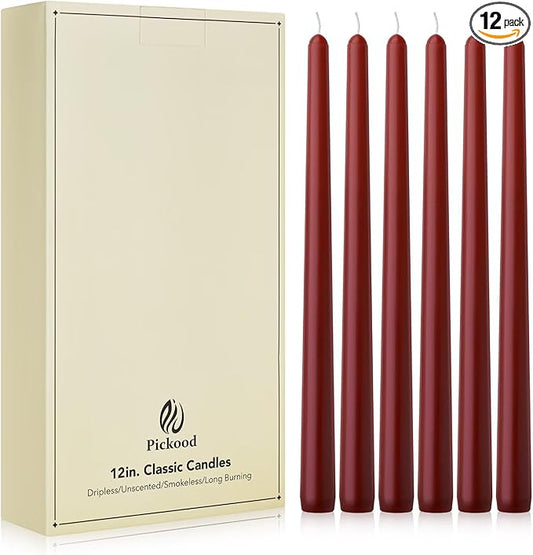 New Burning Formula Unscented Dripless 12-Inch Taper Candles Set of 12 - Dark Red, for Wedding, Dinner - Smokeless, Long Burning - Hand Poured, Colored Tall Candlesticks - Rojo Oscuro
