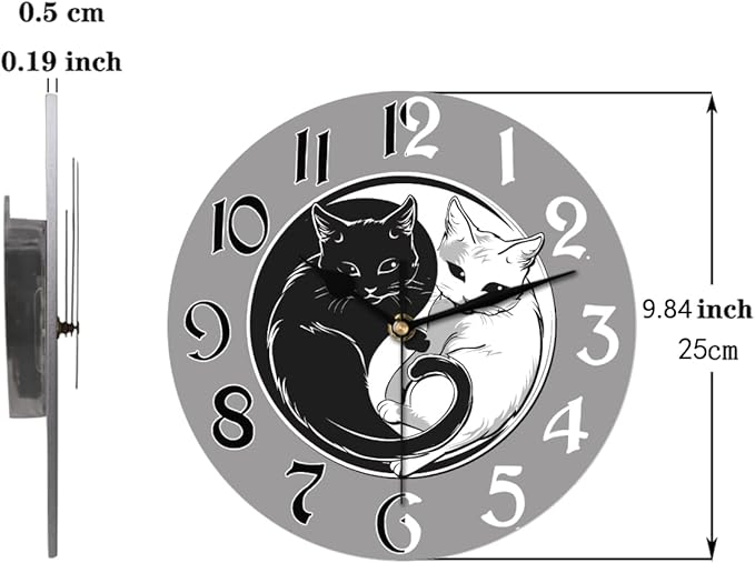 Ying Yang Tai Chi Cat Wall Clock Battery Operated 10 in Round Wall Clocks Slilent Non Ticking Quartz Analog Clock for Bedroom Kids Living Room Classroom Decor