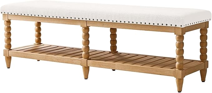 HULALA HOME Farmhouse Entryway Bench, 58" Fabric Bed Bench with Shelf, Solid Spindle Legs, Nailhead Trim Detail for Bedroom, Living Room, Hallway, Ivory