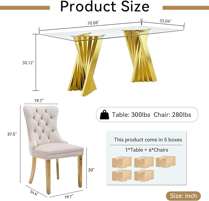 7 Piece Dining Table Set with 6 Beige Dining Chairs, Modern Glass Kitchen Table and Chairs Set for 6, 70" Rectangle Gold Glass Pedestal Dining Room Tables with Flash-Shape Stainless Steel Base