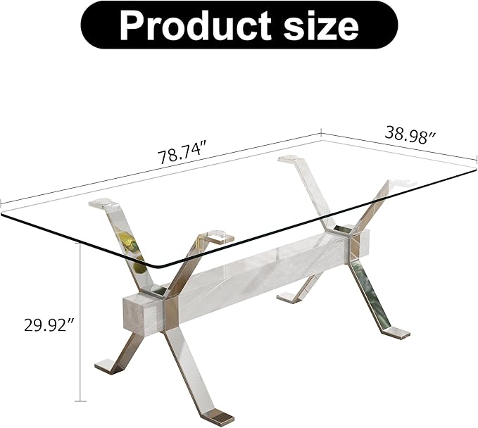 Modern Rectangular Glass Dining Table for 6-8 with Tempered Glass Tabletop and Silver Plated Metal Legs for Kitchen Dining Room(Silver4)