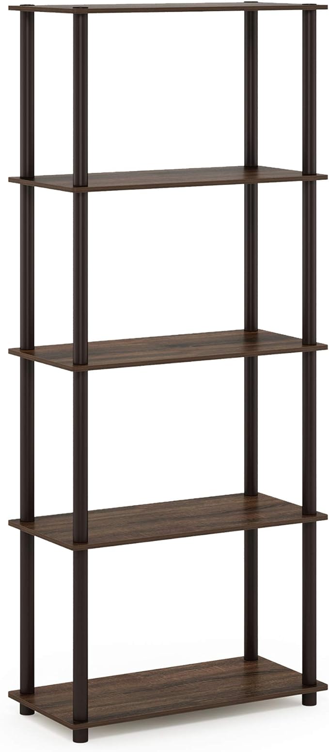 Furinno TURN-N-TUBE Storage Shelves, 5-Tier Book Shelf, Corner Shelf, Toolless Open Shelves, for Organization and Storage, Living Room, Garage, Home Office, Walnut