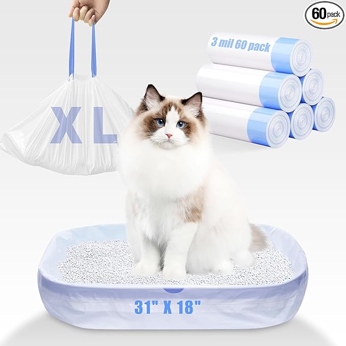 60 Pack Jumbo Cat Litter Bags - 3MIL Extra Thick Leakproof Litter Box Liners, 31"x18" Heavy Duty Drawstring Cat Litter Liners for Automatic Litter Box, Odor Control Disposable Kitty Litter Bags 6 Roll